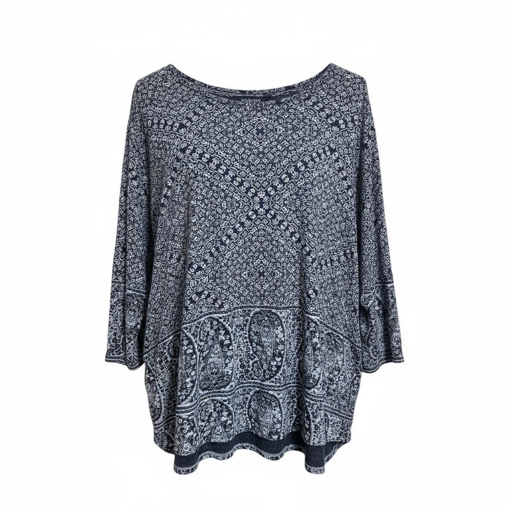 Lucky Brand Top Plus Size 2X Navy Blue Paisley Print 3/4 Sleeve Stretch